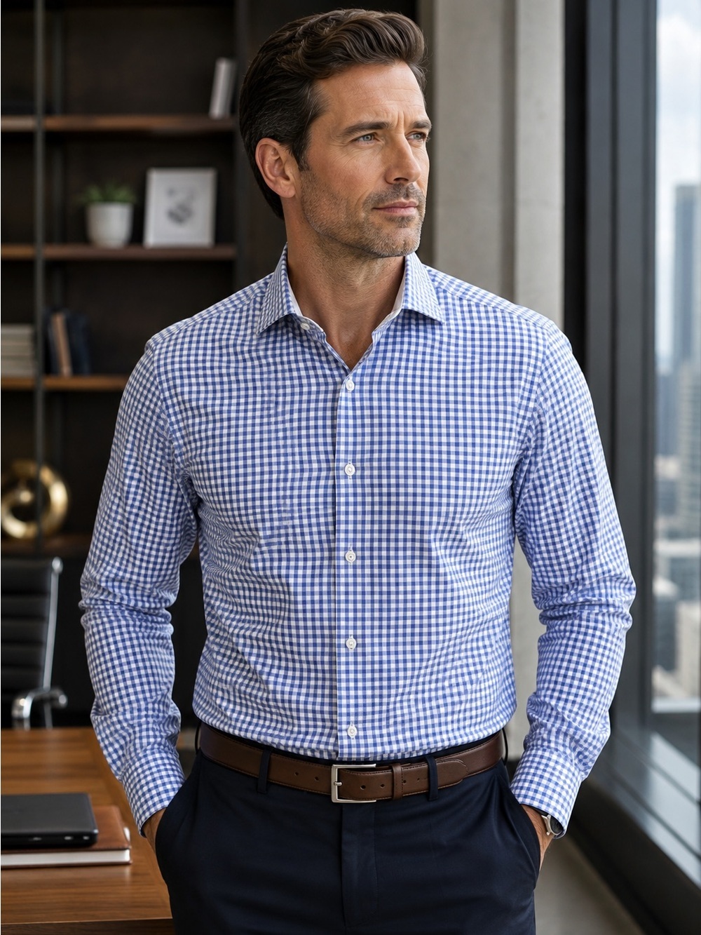 TailorByrd Collection Non-Iron Trim Fit Blue White Check Cotton Dress Shirt 16.5